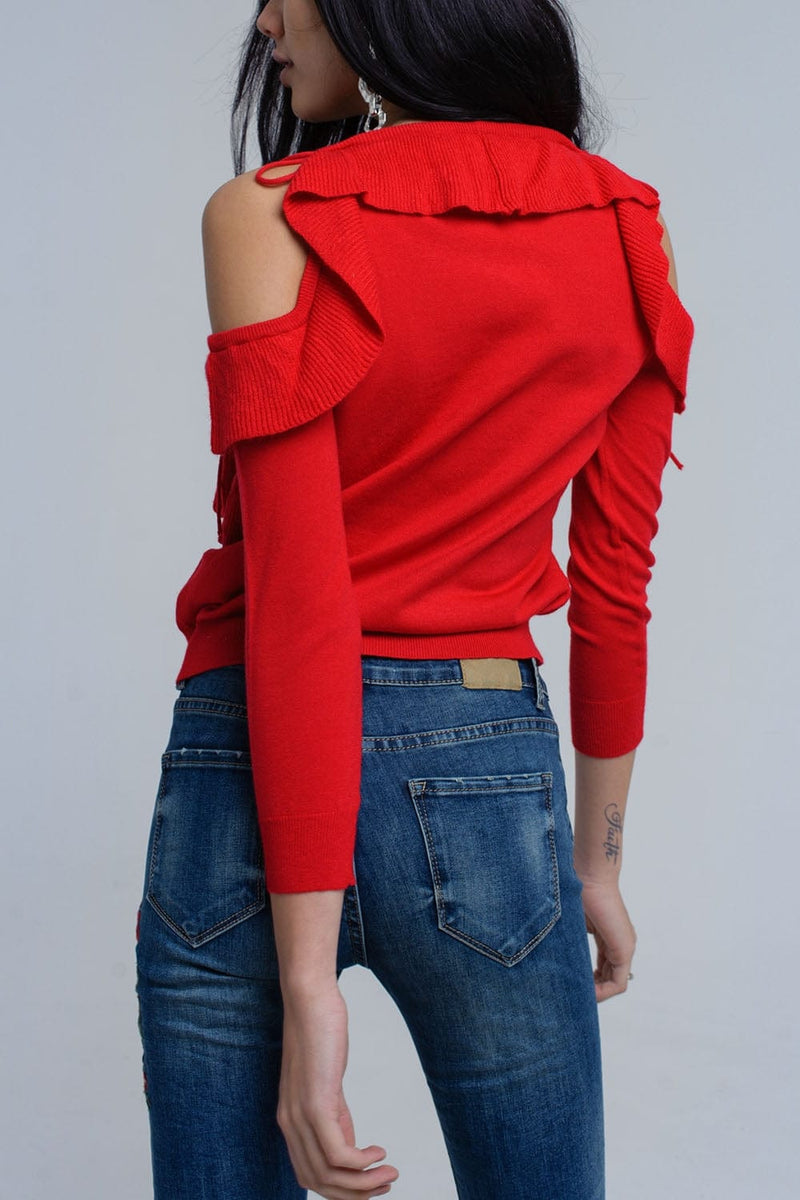 Q2 Women's Sweater Red sweater with ruffle detail at front