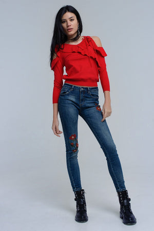Q2 Women's Sweater Red sweater with ruffle detail at front