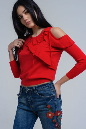 Q2 Women's Sweater Red sweater with ruffle detail at front