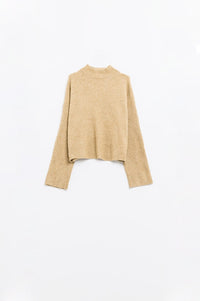 Q2 Women's Sweater Relaxed Beige Ribbed High Neck Sweater