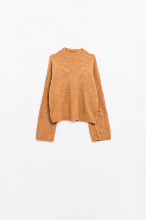 Q2 Women's Sweater Relaxed Camel Ribbed High Neck Sweater