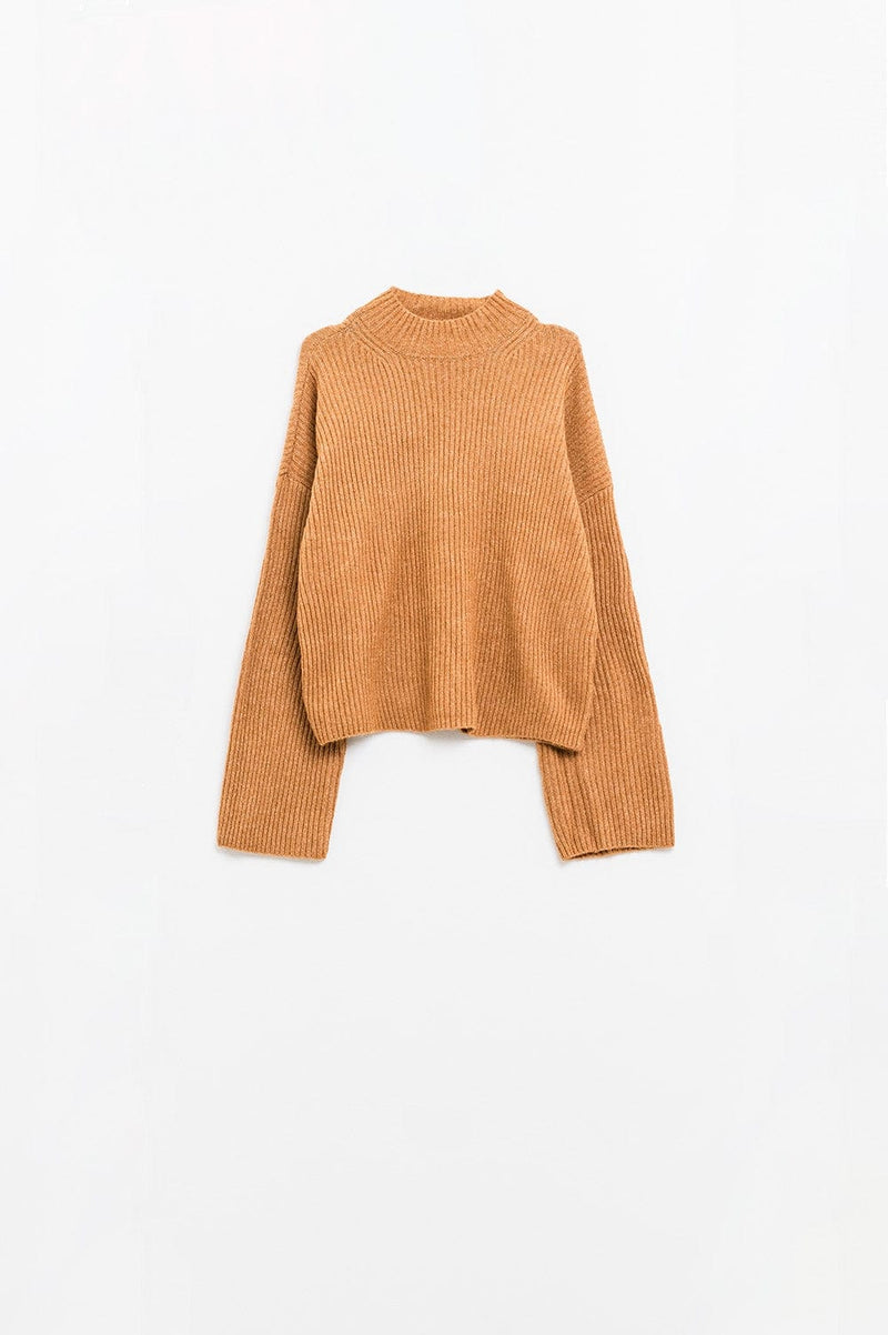 Q2 Women's Sweater Relaxed Camel Ribbed High Neck Sweater