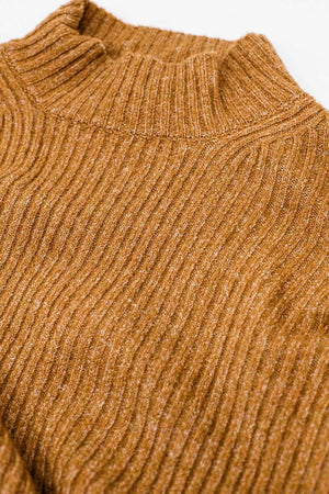 Q2 Women's Sweater Relaxed Camel Ribbed High Neck Sweater