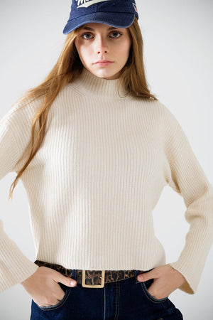 Q2 Women's Sweater Relaxed Cream Ribbed High Neck Sweater