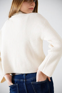 Q2 Women's Sweater Relaxed Cream Ribbed High Neck Sweater