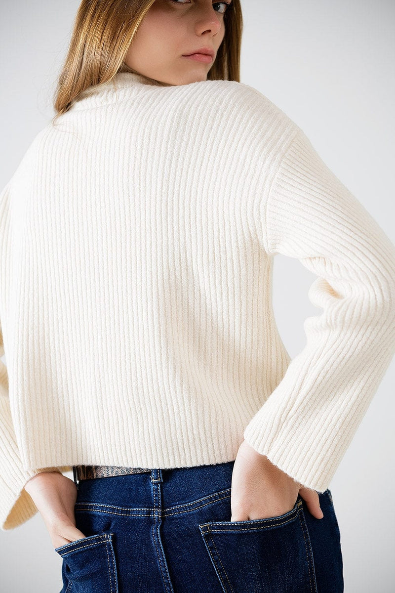 Q2 Women's Sweater Relaxed Cream Ribbed High Neck Sweater