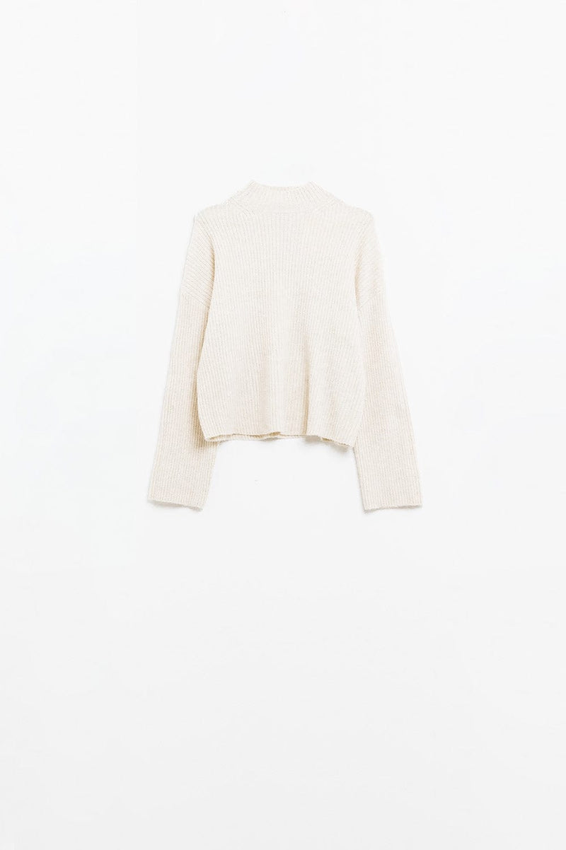 Q2 Women's Sweater Relaxed Cream Ribbed High Neck Sweater