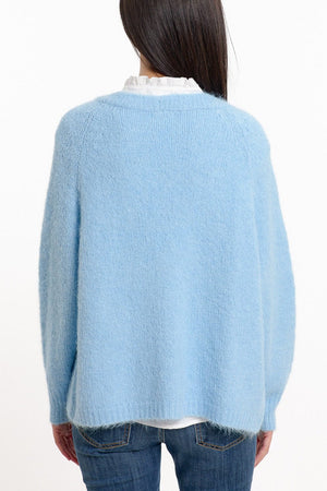 Q2 Women's Sweater Relaxed Fluffy Knit Open Cardigan In Baby Blue With Rib At Them And Cuffs