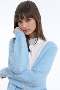 Q2 Women's Sweater Relaxed Fluffy Knit Open Cardigan In Baby Blue With Rib At Them And Cuffs