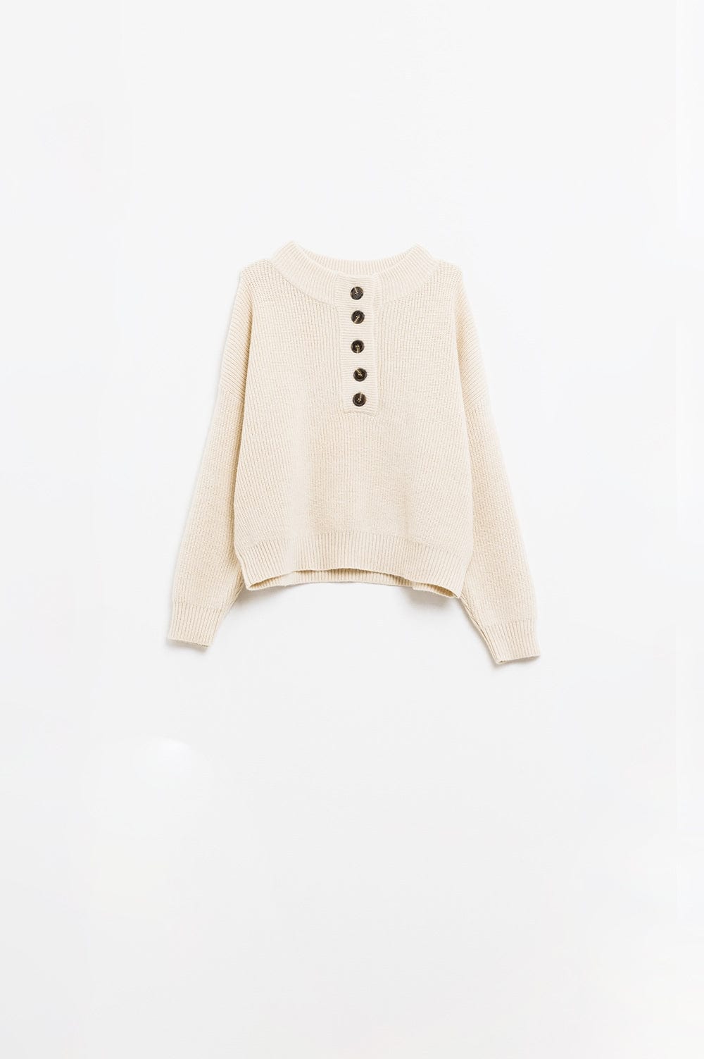 Q2 Women's Sweater Relaxed Half-Button Sweater In Cream