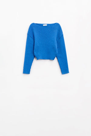 Q2 Women's Sweater Relaxed Ribbed Boat Neck Sweater In Blue