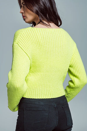 Q2 Women's Sweater Relaxed Ribbed Boat Neck Sweater In Lime Green