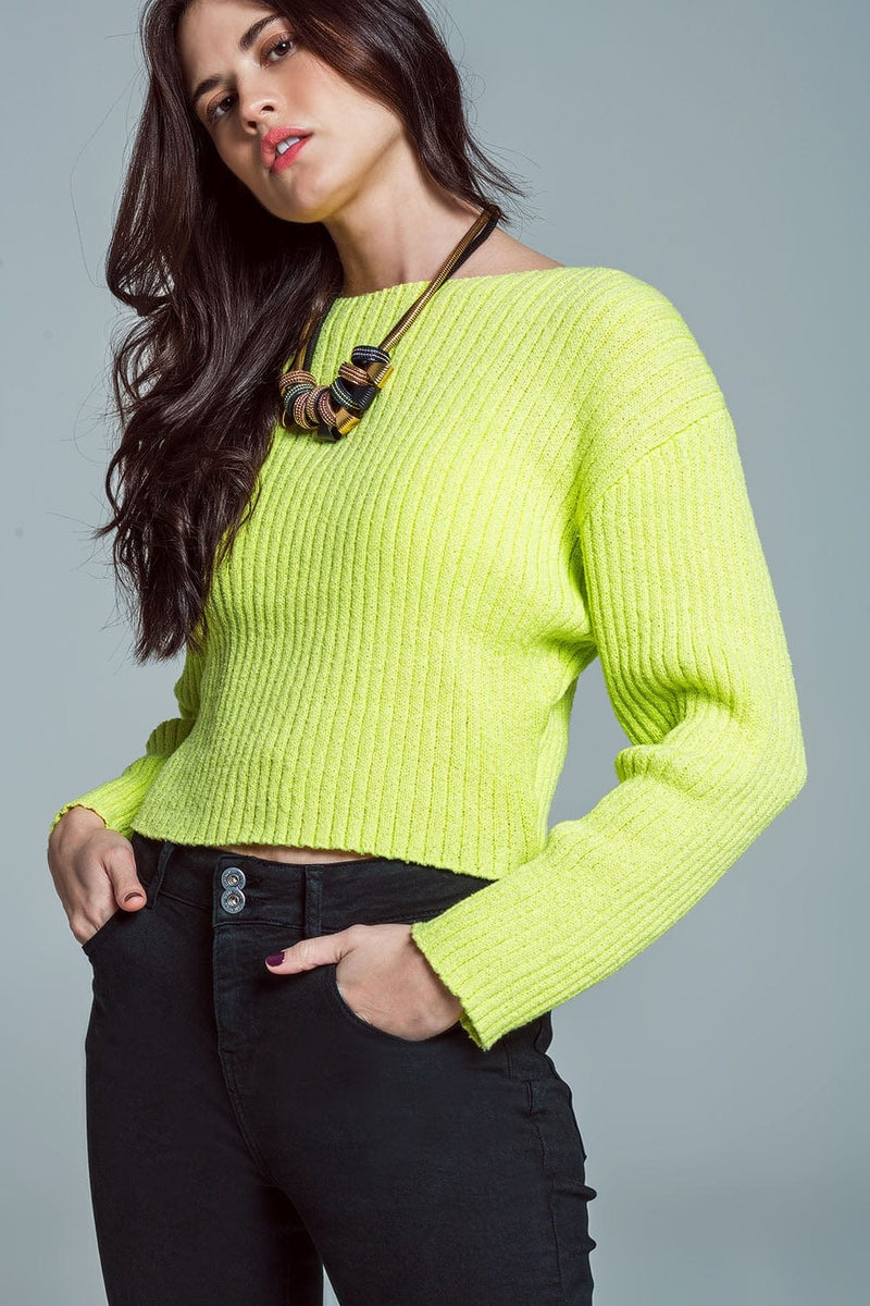 Q2 Women's Sweater Relaxed Ribbed Boat Neck Sweater In Lime Green