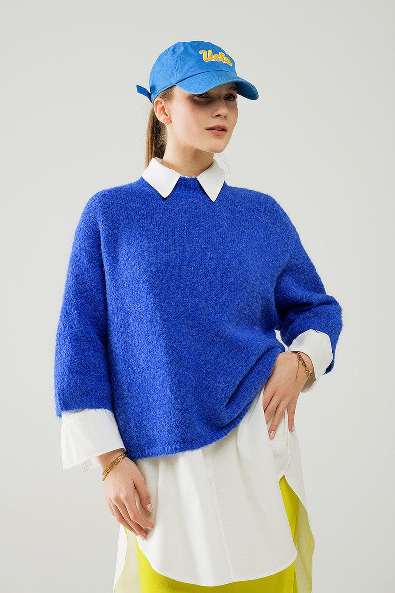 Q2 Women's Sweater Relaxed Sweater With French Sleeve And Crewneck In Blue Ink