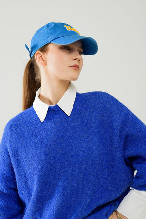 Q2 Women's Sweater Relaxed Sweater With French Sleeve And Crewneck In Blue Ink