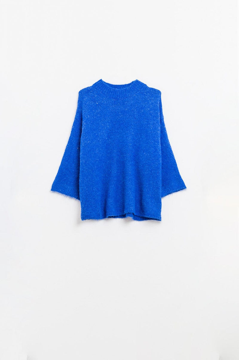 Q2 Women's Sweater Relaxed Sweater With French Sleeve And Crewneck In Blue Ink