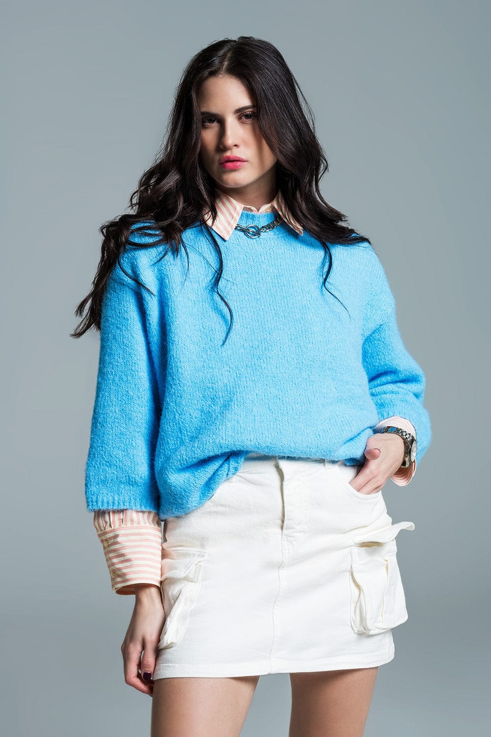 Q2 Women's Sweater Relaxed Sweater With French Sleeve And Crewneck In Blue