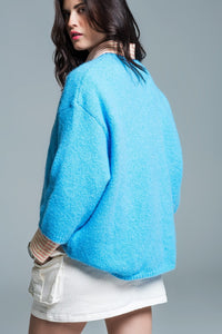 Q2 Women's Sweater Relaxed Sweater With French Sleeve And Crewneck In Blue