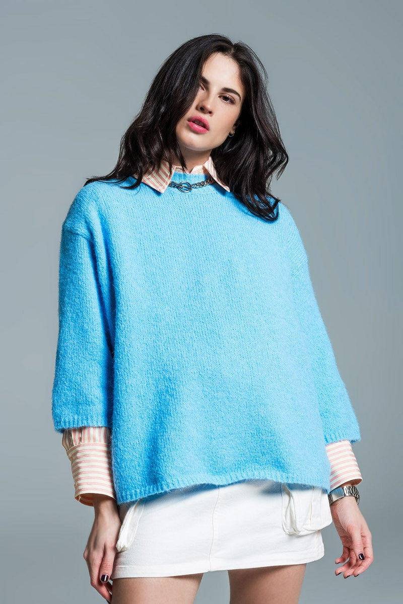 Q2 Women's Sweater Relaxed Sweater With French Sleeve And Crewneck In Blue