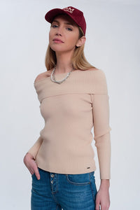 Q2 Women's Sweater Rib Bardot Jumper in Beige