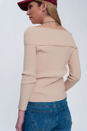 Q2 Women's Sweater Rib Bardot Jumper in Beige