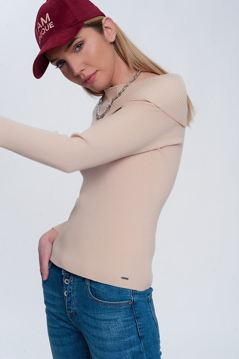 Q2 Women's Sweater Rib Bardot Jumper in Beige