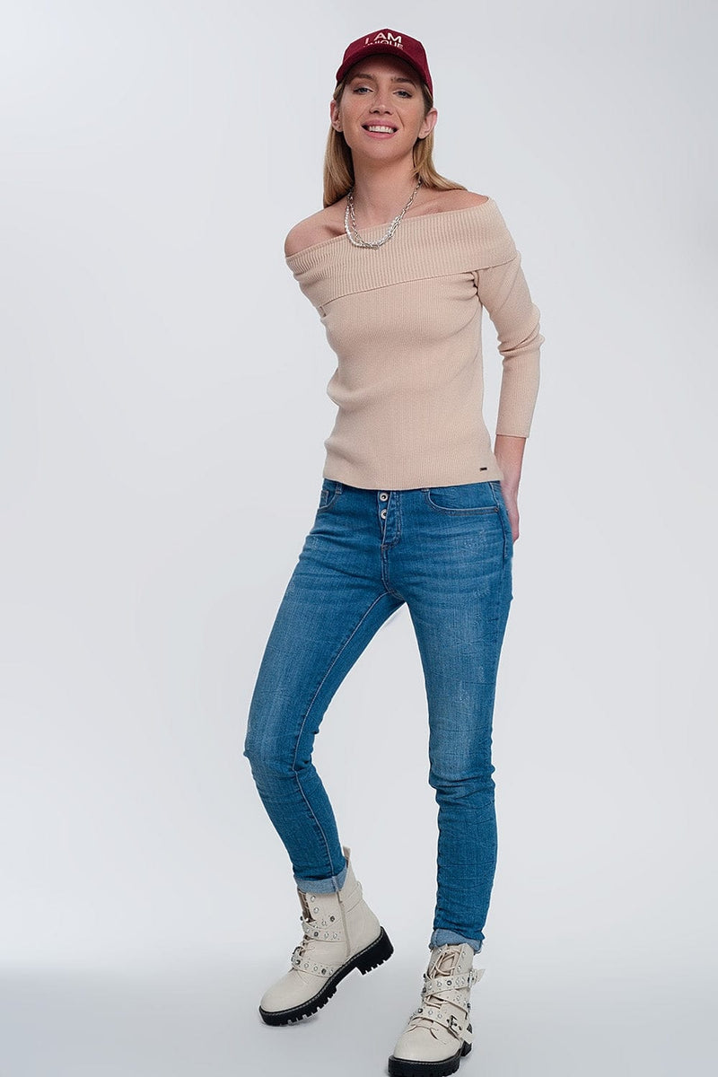 Q2 Women's Sweater Rib Bardot Jumper in Beige