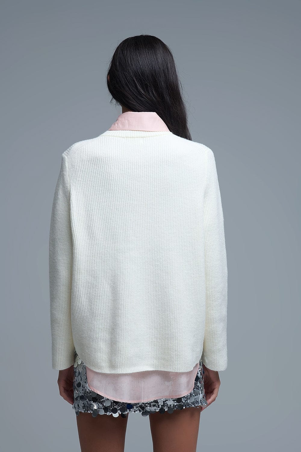 Q2 Women's Sweater Ribbed Comfy Knit Sweater In Cream