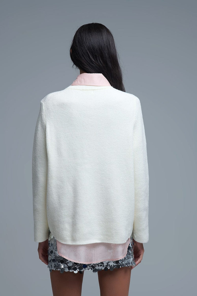 Q2 Women's Sweater Ribbed Comfy Knit Sweater In Cream