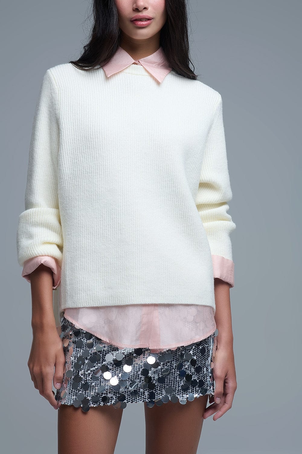 Q2 Women's Sweater Ribbed Comfy Knit Sweater In Cream