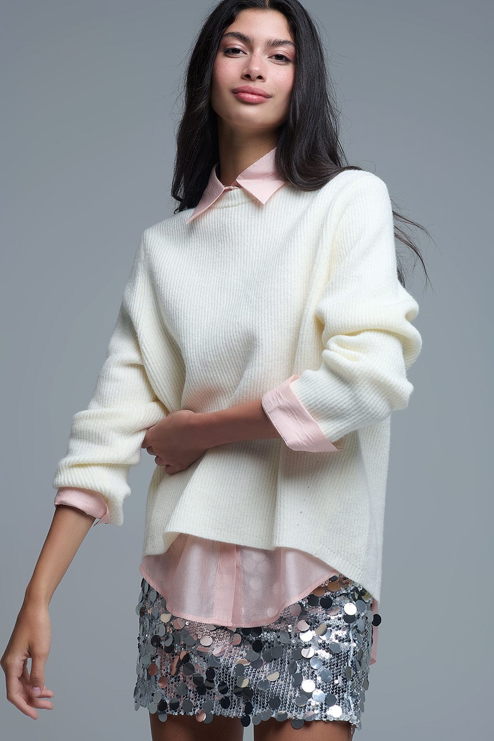 Q2 Women's Sweater Ribbed Comfy Knit Sweater In Cream