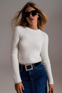 Q2 Women's Sweater Ribbed Cropped Sweater With Stitching Detail In Ecru