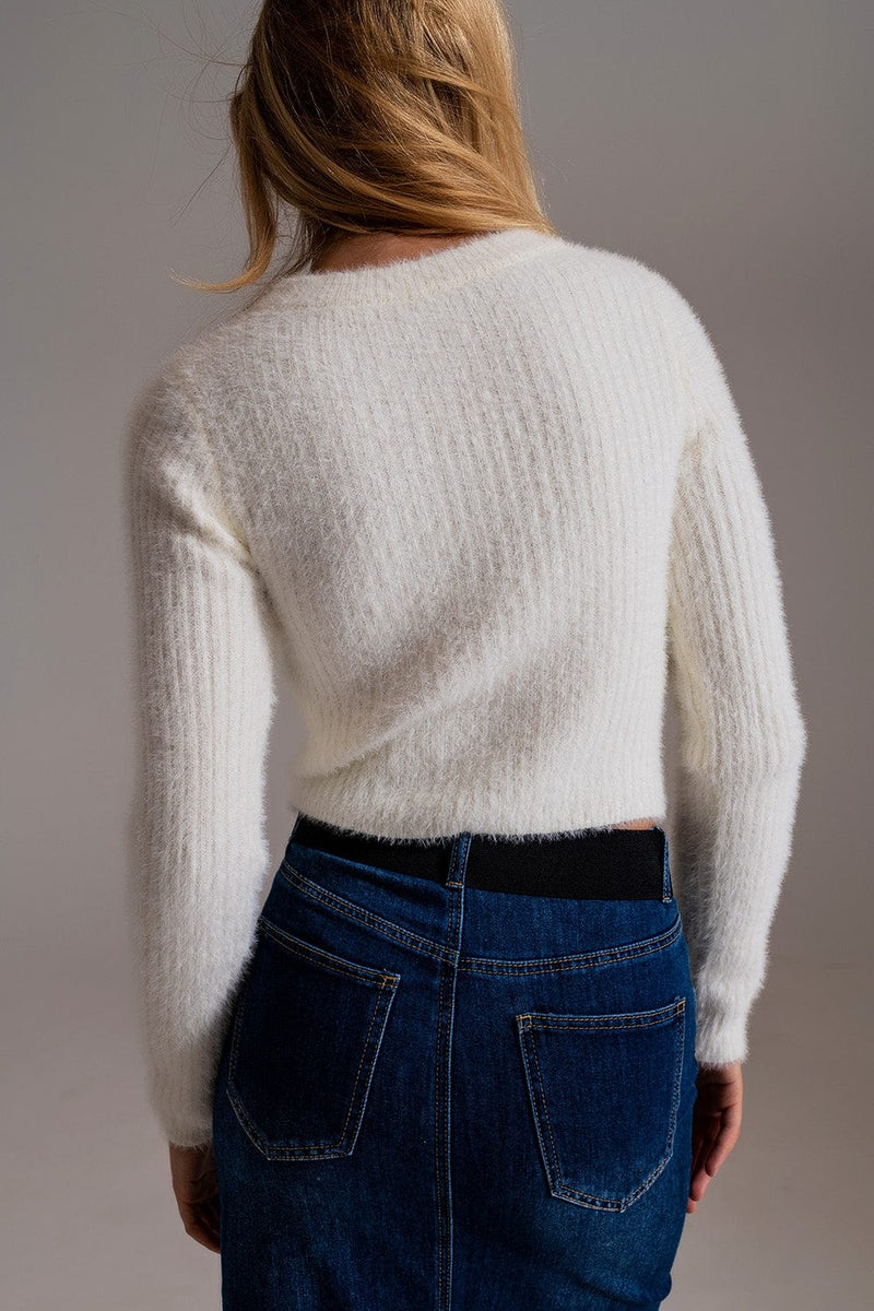 Q2 Women's Sweater Ribbed Cropped Sweater With Stitching Detail In Ecru