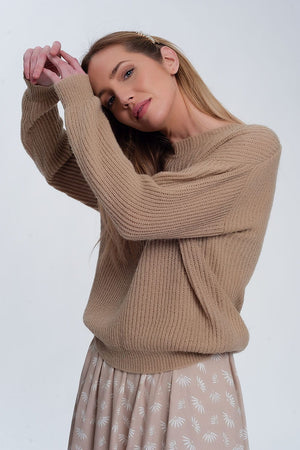 Q2 Women's Sweater Ribbed Jumper in Light Beige