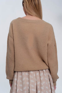 Q2 Women's Sweater Ribbed Jumper in Light Beige