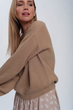 Q2 Women's Sweater Ribbed Jumper in Light Beige