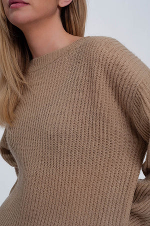 Q2 Women's Sweater Ribbed Jumper in Light Beige