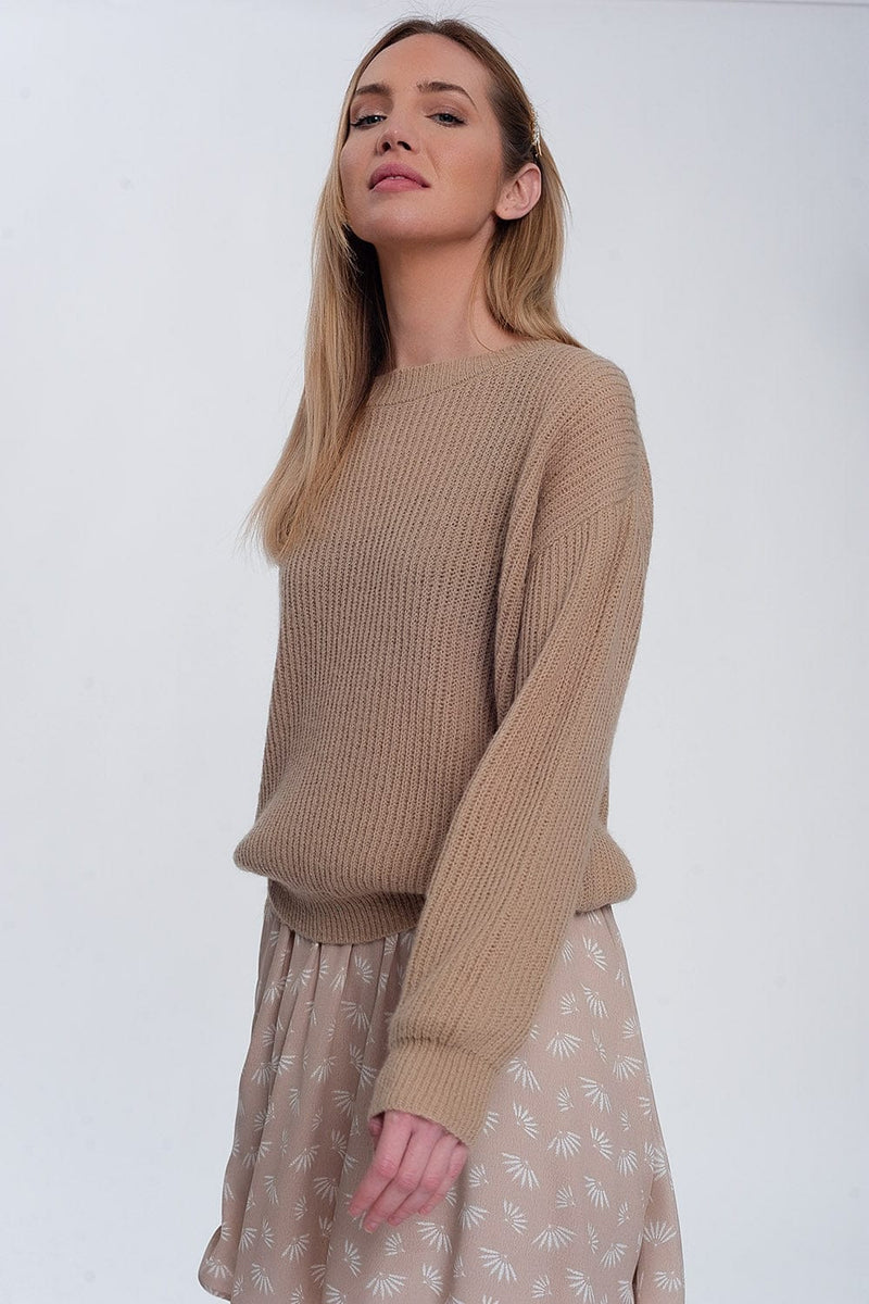 Q2 Women's Sweater Ribbed Jumper in Light Beige