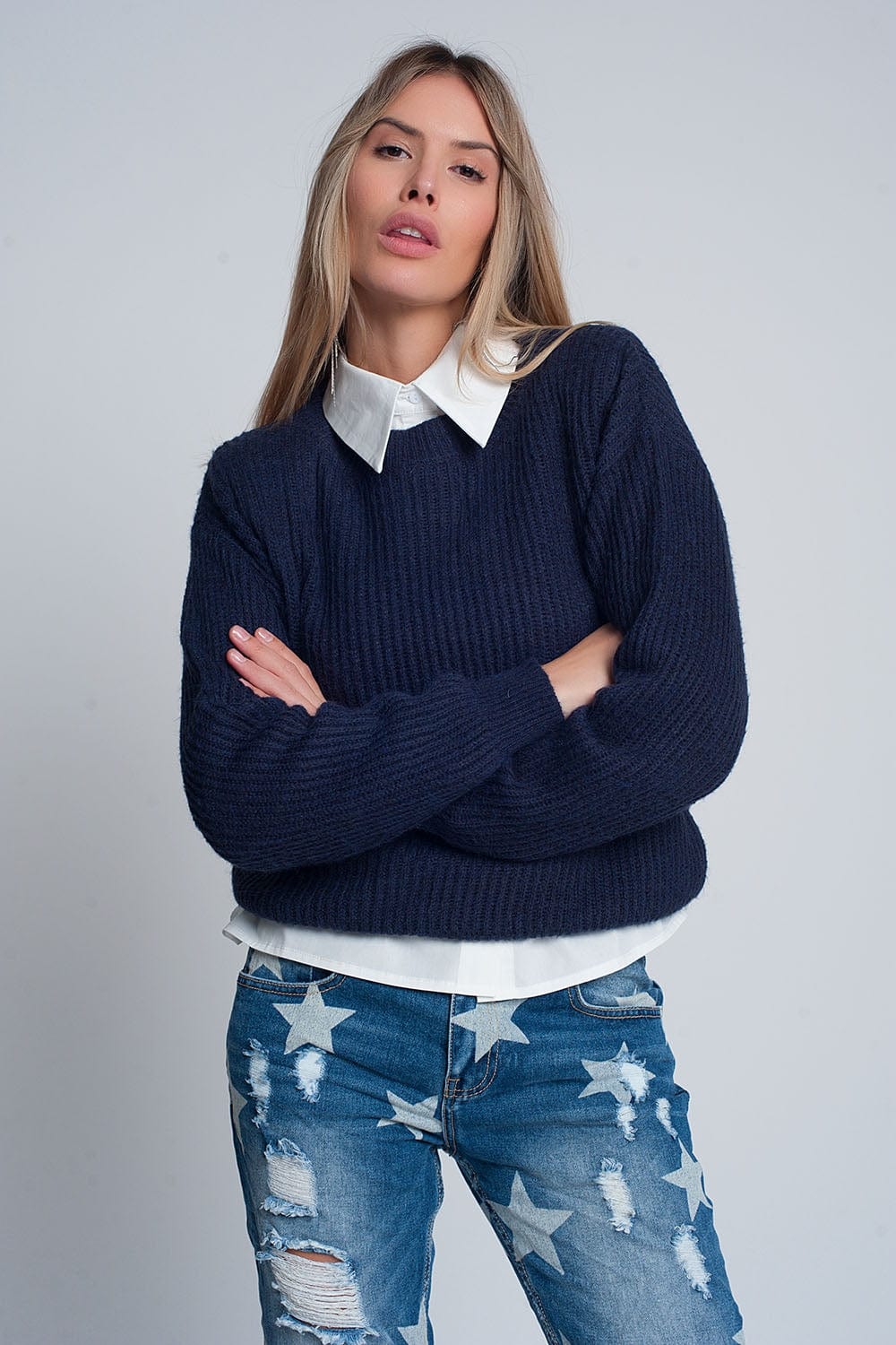 Q2 Women's Sweater Ribbed Jumper in Navy