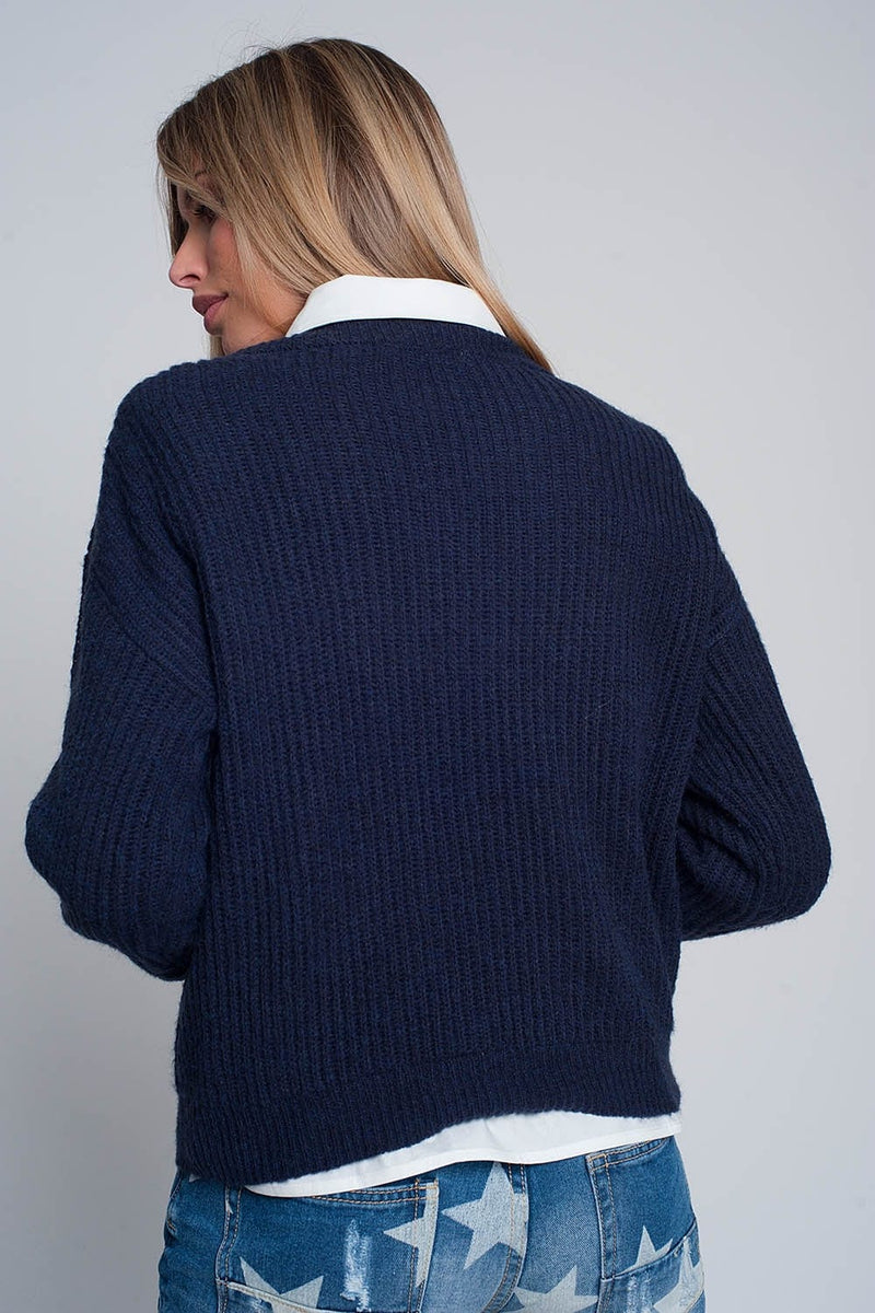 Q2 Women's Sweater Ribbed Jumper in Navy