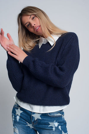 Q2 Women's Sweater Ribbed Jumper in Navy