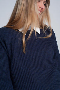 Q2 Women's Sweater Ribbed Jumper in Navy