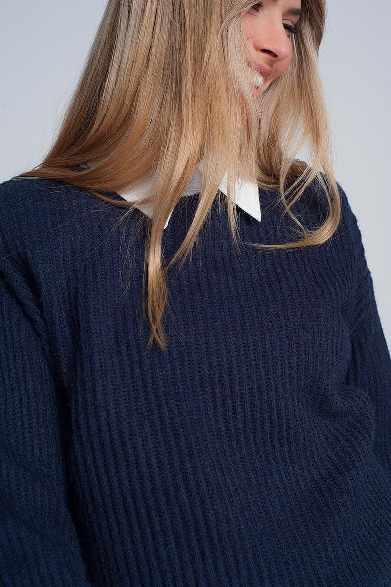 Q2 Women's Sweater Ribbed Jumper in Navy