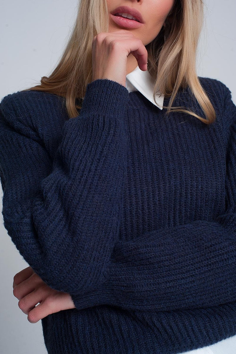 Q2 Women's Sweater Ribbed Jumper in Navy