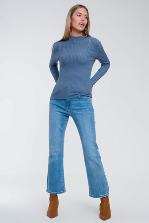 Q2 Women's Sweater Ribbed Jumper with High Neck in Blue