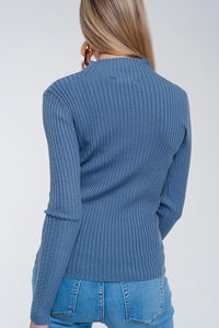 Q2 Women's Sweater Ribbed Jumper with High Neck in Blue