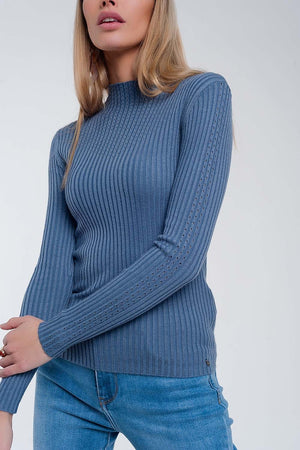 Q2 Women's Sweater Ribbed Jumper with High Neck in Blue