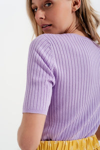 Q2 Women's Sweater Ribbed Knit Short Sleeve Top in Lilac