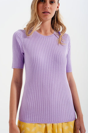 Q2 Women's Sweater Ribbed Knit Short Sleeve Top in Lilac