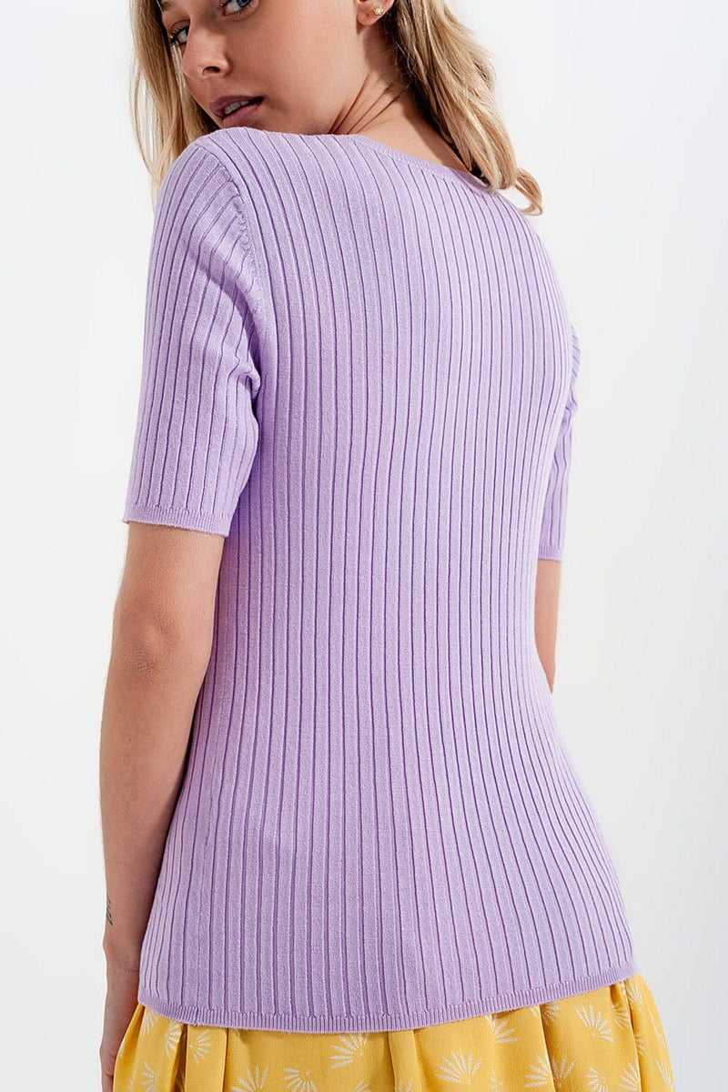 Q2 Women's Sweater Ribbed Knit Short Sleeve Top in Lilac